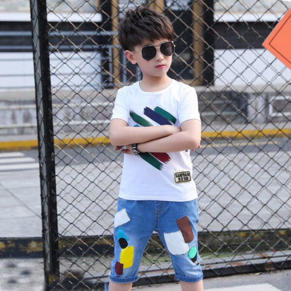 Liuliukd | Boys Print T-shirt & Denim Shorts Set-White-Teenager