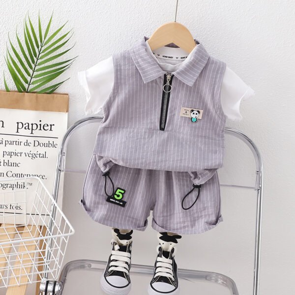 Liuliukd | Boys Stripe Zipper Polo Shirt & Pants Set-Gray-Kids