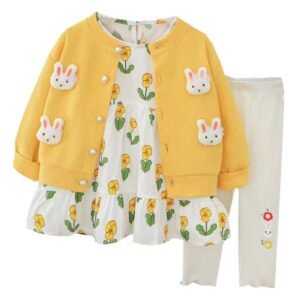 Liuliukd | Girls Floral Dress Knit Cardigan & Pants Set-Kids