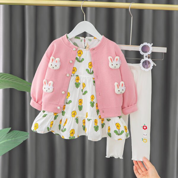 Liuliukd | Girls Floral Dress Knit Cardigan & Pants Set-Pink-Kids