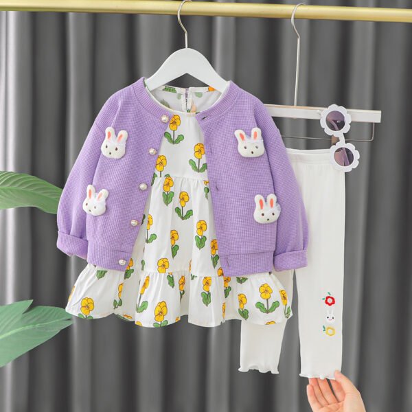 Liuliukd | Girls Floral Dress Knit Cardigan & Pants Set-Purple-Kids