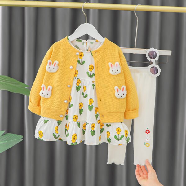 Liuliukd | Girls Floral Dress Knit Cardigan & Pants Set-Yellow-Kids