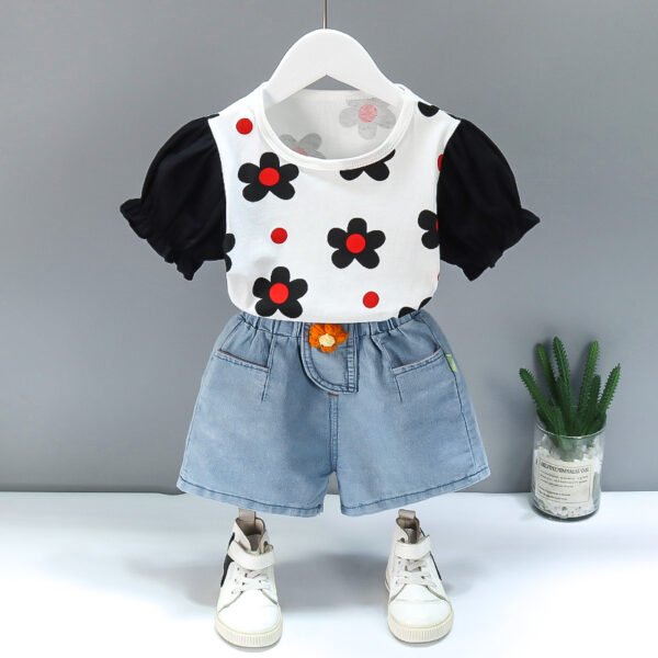 Liuliukd | Girls Flower T Shirt & Denim Shorts Set-Black-Kids