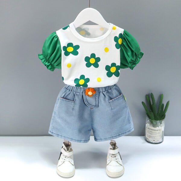 Liuliukd | Girls Flower T Shirt & Denim Shorts Set-Green-Kids
