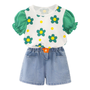 Liuliukd | Girls Flower T Shirt & Denim Shorts Set-Kids