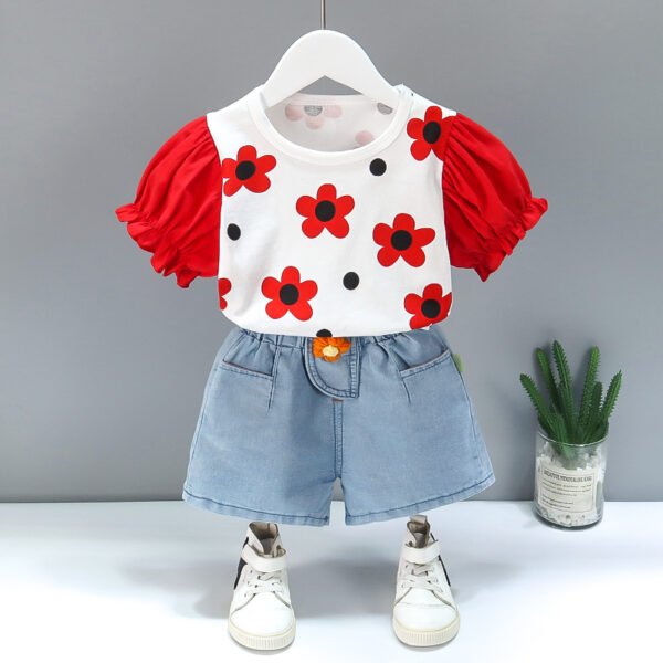 Liuliukd | Girls Flower T Shirt & Denim Shorts Set-Red-Kids