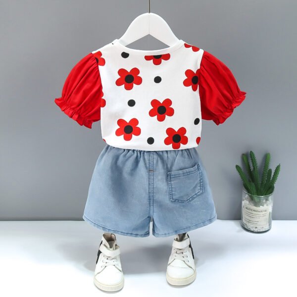 Liuliukd | Girls Flower T Shirt & Denim Shorts Set-Red-Kids