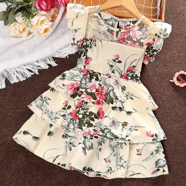 Liuliukd | Girls Fly Sleeve Floral Cake Dress-Beige-Kids
