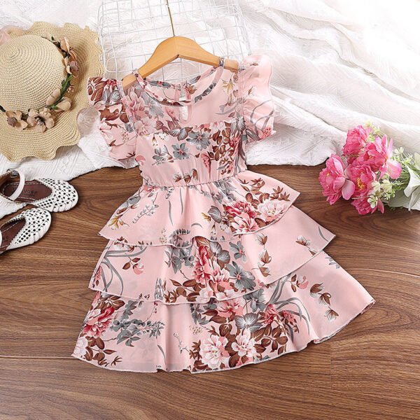 Liuliukd | Girls Fly Sleeve Floral Cake Dress-Pink-Kids