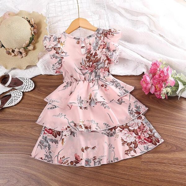 Liuliukd | Girls Fly Sleeve Floral Cake Dress-Pink-Kids