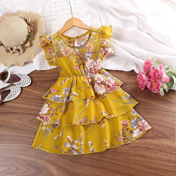 Liuliukd | Girls Fly Sleeve Floral Cake Dress-Yellow-Kids
