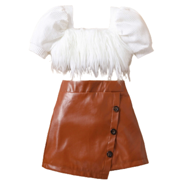 Liuliukd | Girls Furry Top & Irregular Leather Skirt Set-Kids
