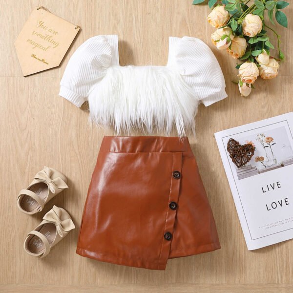 Liuliukd | Girls Furry Top & Irregular Leather Skirt Set-White-Kids