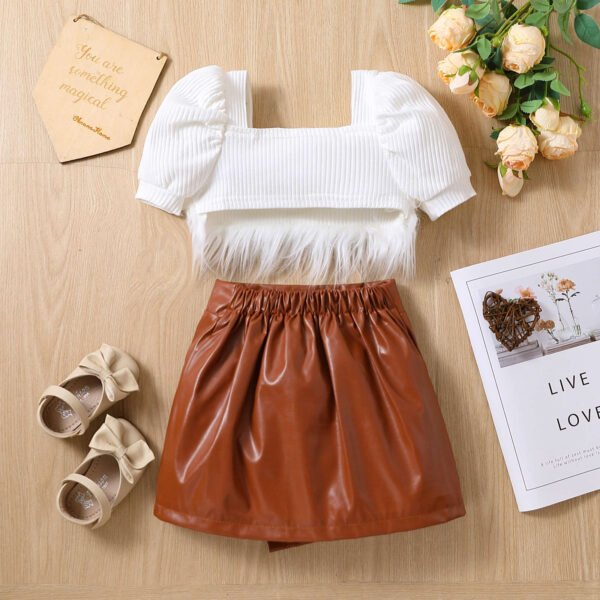 Liuliukd | Girls Furry Top & Irregular Leather Skirt Set-White-Kids