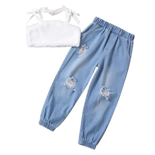 Liuliukd | Girls Furry Vest & Ribbed Denim Pants Set-Kids
