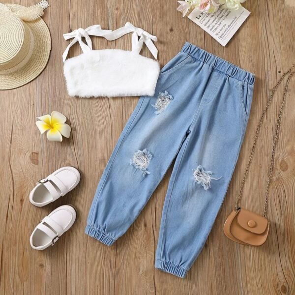 Liuliukd | Girls Furry Vest & Ribbed Denim Pants Set-White-Kids