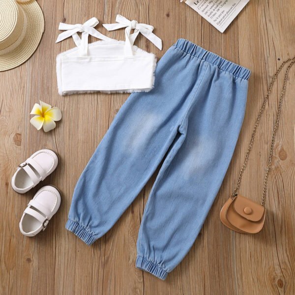 Liuliukd | Girls Furry Vest & Ribbed Denim Pants Set-White-Kids