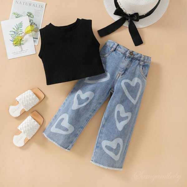 Liuliukd | Girls Knit Vest & Love Heart Denim Pants Set-Black-Kids