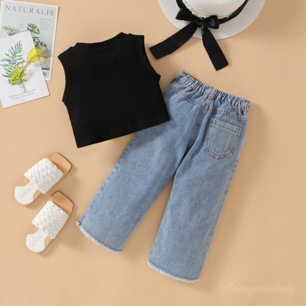 Liuliukd | Girls Knit Vest & Love Heart Denim Pants Set-Black-Kids