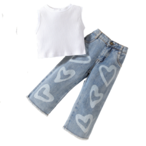 Liuliukd | Girls Knit Vest & Love Heart Denim Pants Set-Kids