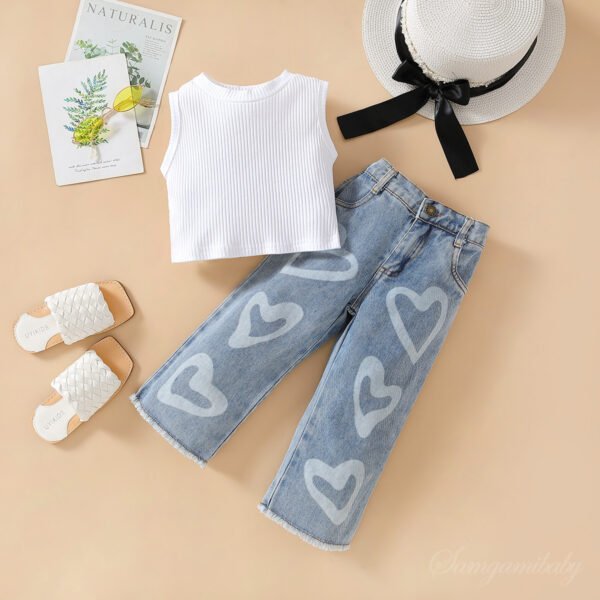 Liuliukd | Girls Knit Vest & Love Heart Denim Pants Set-White-Kids