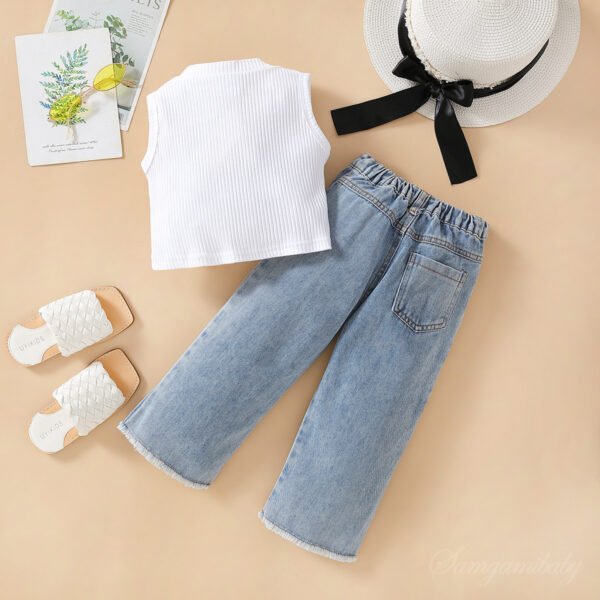 Liuliukd | Girls Knit Vest & Love Heart Denim Pants Set-White-Kids