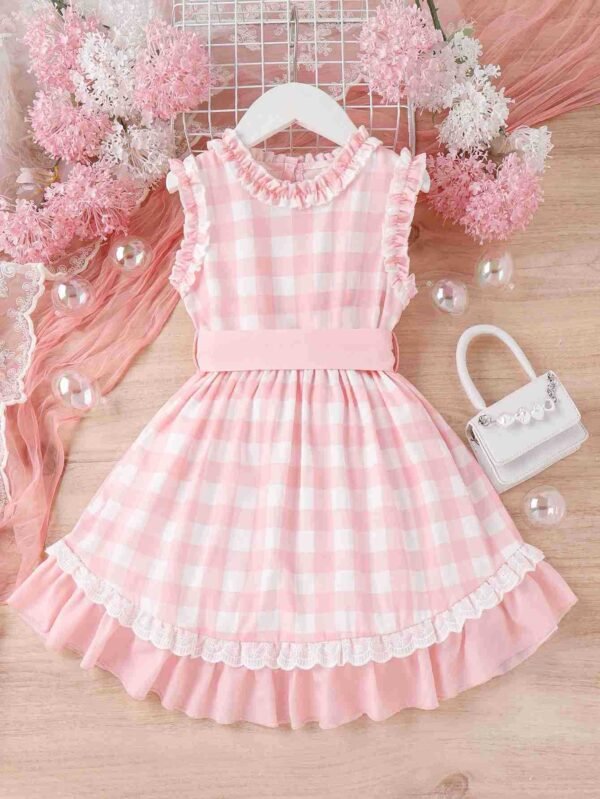 Liuliukd | Girls Lace Plaid Dress-Pink-Kids