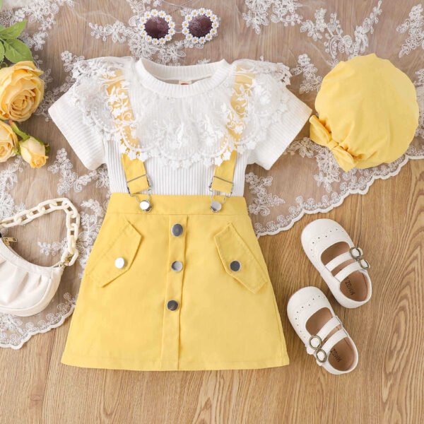 Liuliukd | Girls Lace Tops and Suspender Skirt Set-Yellow-Kids