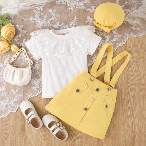 Liuliukd | Girls Lace Tops and Suspender Skirt Set-Yellow-Kids