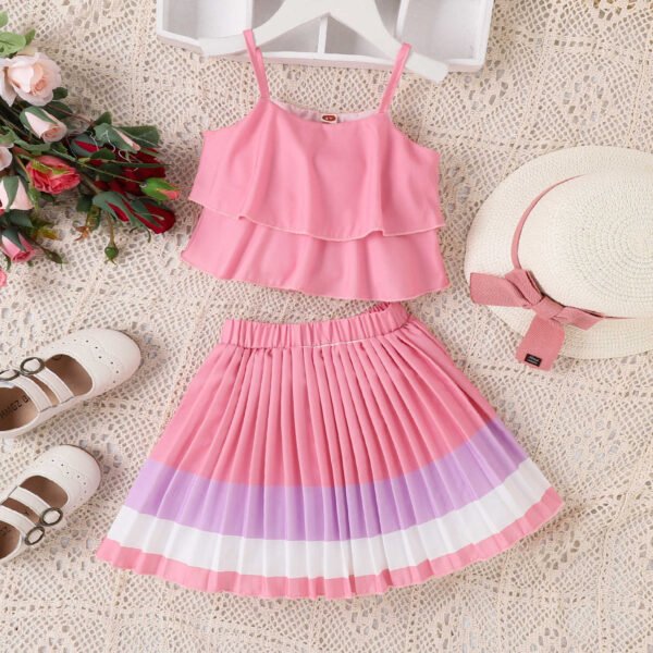 Liuliukd | Girls Layered Vest and Pleated Skirt Set-Pink-Kids
