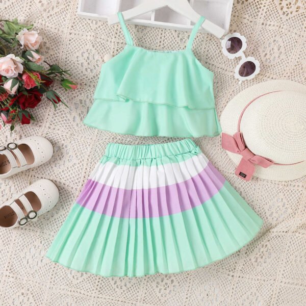 Liuliukd | Girls Layered Vest and Pleated Skirt Set-Torquoise-Kids