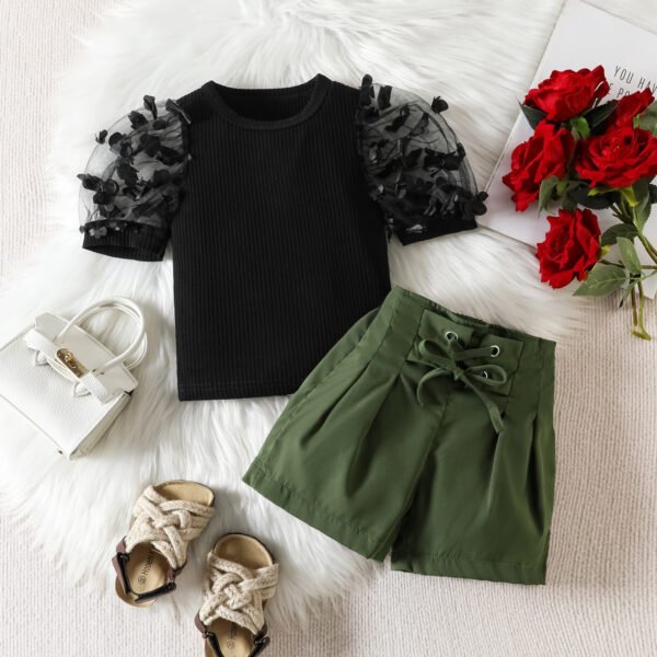 Liuliukd | Girls Mesh Sleeve Tops & Shorts Set-Black-Kids