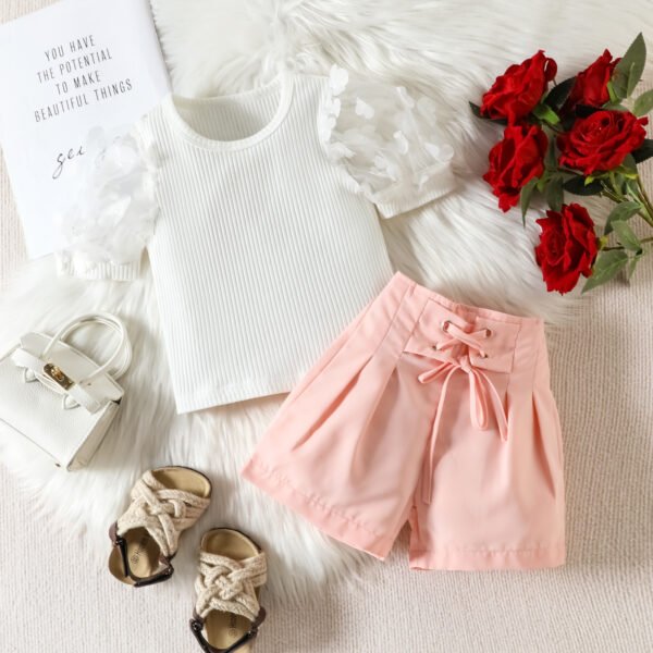 Liuliukd | Girls Mesh Sleeve Tops & Shorts Set-Pink-Kids