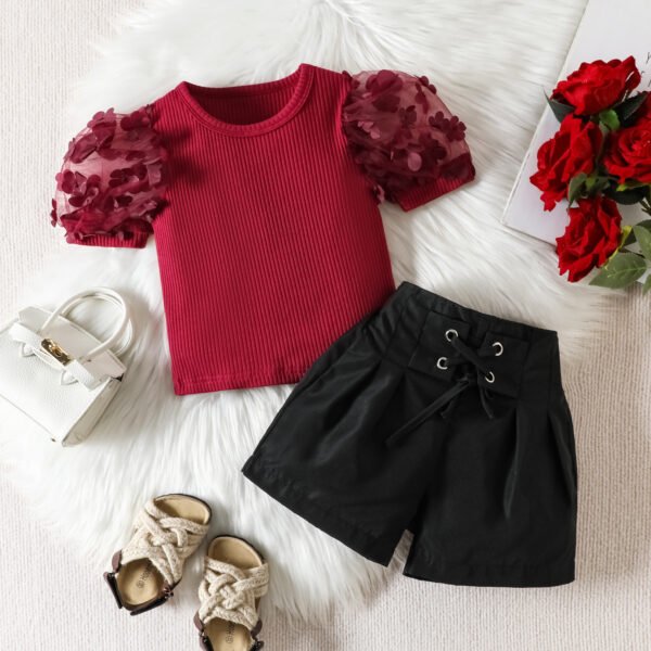 Liuliukd | Girls Mesh Sleeve Tops & Shorts Set-Red-Kids