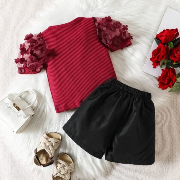 Liuliukd | Girls Mesh Sleeve Tops & Shorts Set-Red-Kids
