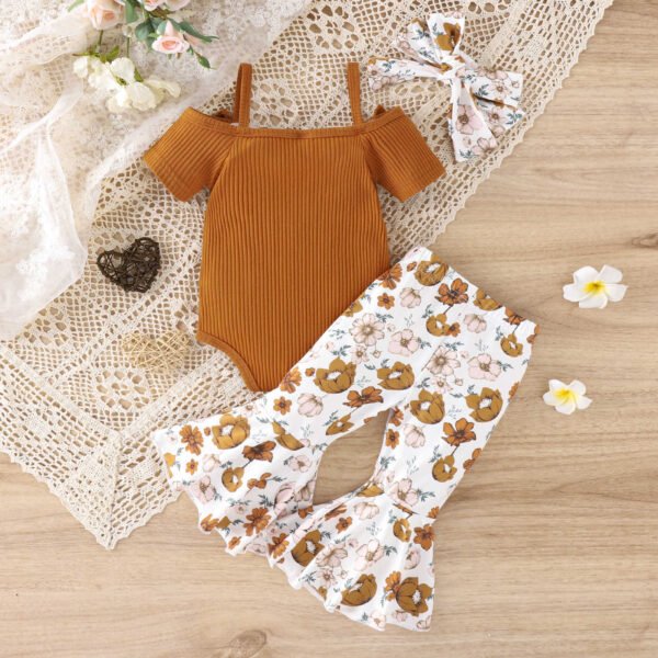 Liuliukd | Girls Off Shoulder Romper & Flare Pants Set-Brown-Baby