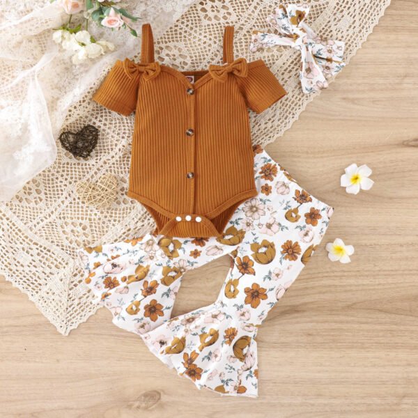 Liuliukd | Girls Off Shoulder Romper & Flare Pants Set-Brown-Baby