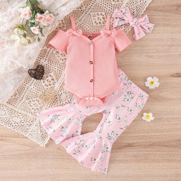 Liuliukd | Girls Off Shoulder Romper & Flare Pants Set-Pink-Baby