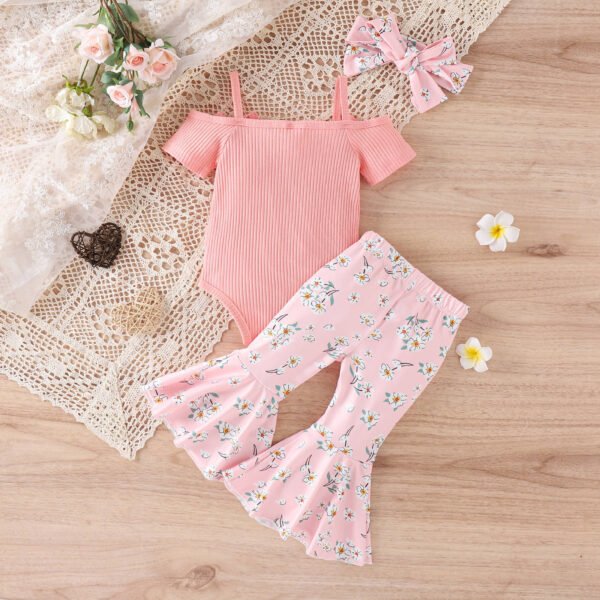 Liuliukd | Girls Off Shoulder Romper & Flare Pants Set-Pink-Baby