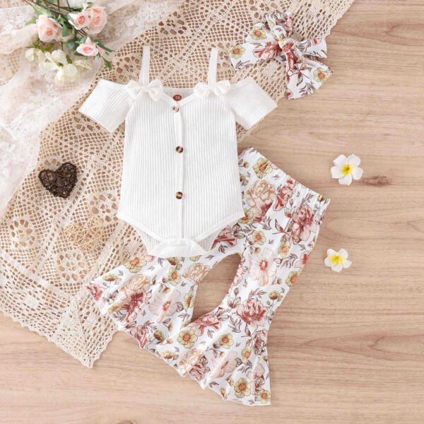 Liuliukd | Girls Off Shoulder Romper & Flare Pants Set-White-Baby