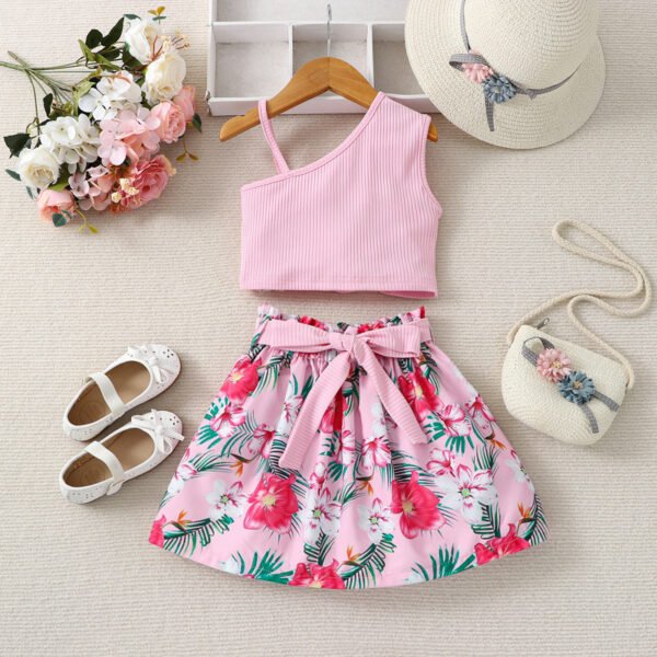 Liuliukd | Girls One Shoulder Vest and Floral Skirt Set-Pink-Kids