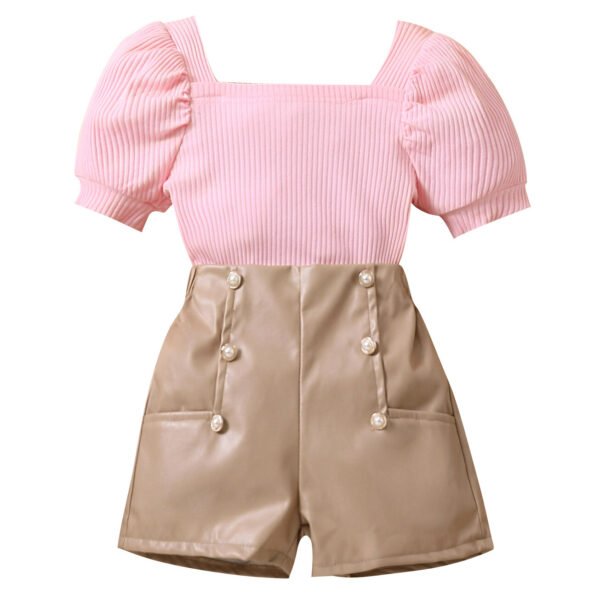 Liuliukd | Girls Puff Sleeve Tops and Leather Shorts Set-Kids