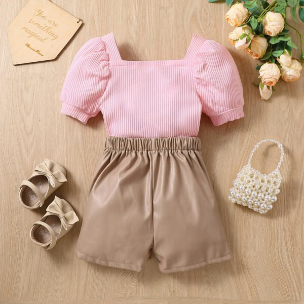 Liuliukd | Girls Puff Sleeve Tops and Leather Shorts Set-Pink-Kids