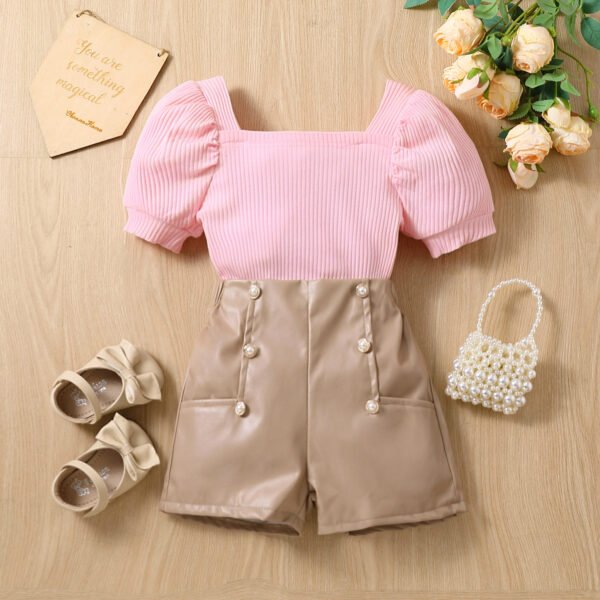 Liuliukd | Girls Puff Sleeve Tops and Leather Shorts Set-Pink-Kids