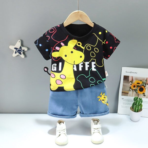 Liuliukd | Boys Giraffe T Shirt and Denim Shorts Set-Black-Kids