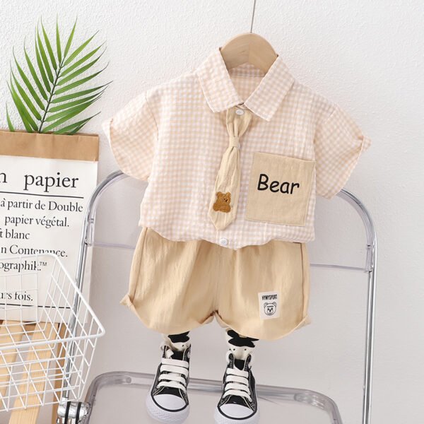 Liuliukd | Boys Plaid Shirt & Bear Pants Set-Beige-Kids