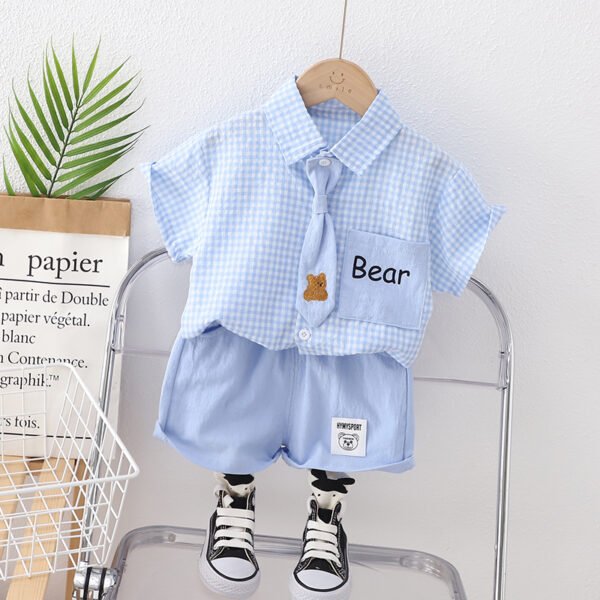 Liuliukd | Boys Plaid Shirt & Bear Pants Set-Blue-Kids
