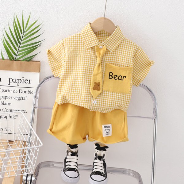 Liuliukd | Boys Plaid Shirt & Bear Pants Set-Yellow-Kids