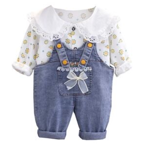 Liuliukd | Girls Floral Denim Suspenders Two Piece Set-Kids