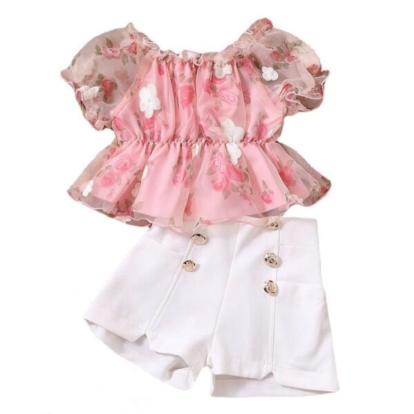 Liuliukd | Girls Floral Mesh Tops and Shorts Set-Kids